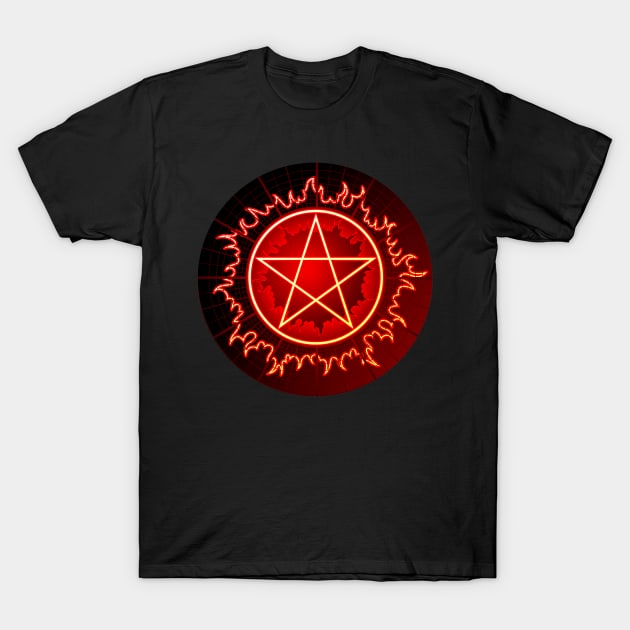 flaming pentagram pentacle in red and black T-Shirt by pickledpossums